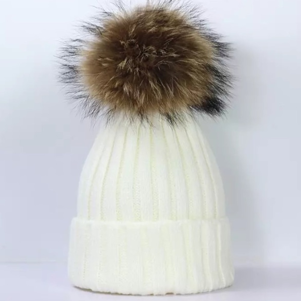 White Knit Beanie with Removable Pom Pom